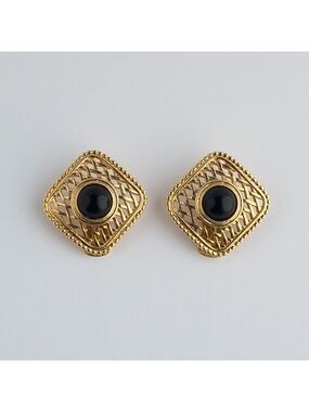 Vendome Gold Tone Large Diamond Mesh Black Glass Cabochon Earrings